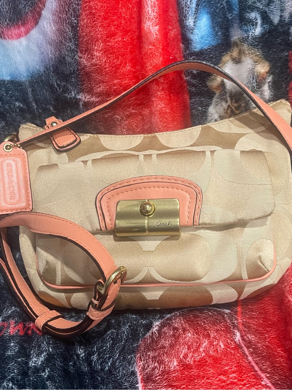 Coach Kristin Khaki Signature Jacquard Crossbody with Coral Trim - Picture 1 of 8